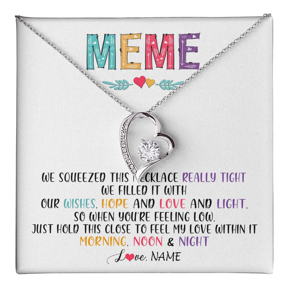 Forever Love Necklace 14K White Gold Finish | 1 | Personalized To My Meme Necklace From Grandkids Granddaughter We Squeezed This Necklace Meme Birthday Mothers Day Christmas Customized Gift Box Message Card | siriusteestore