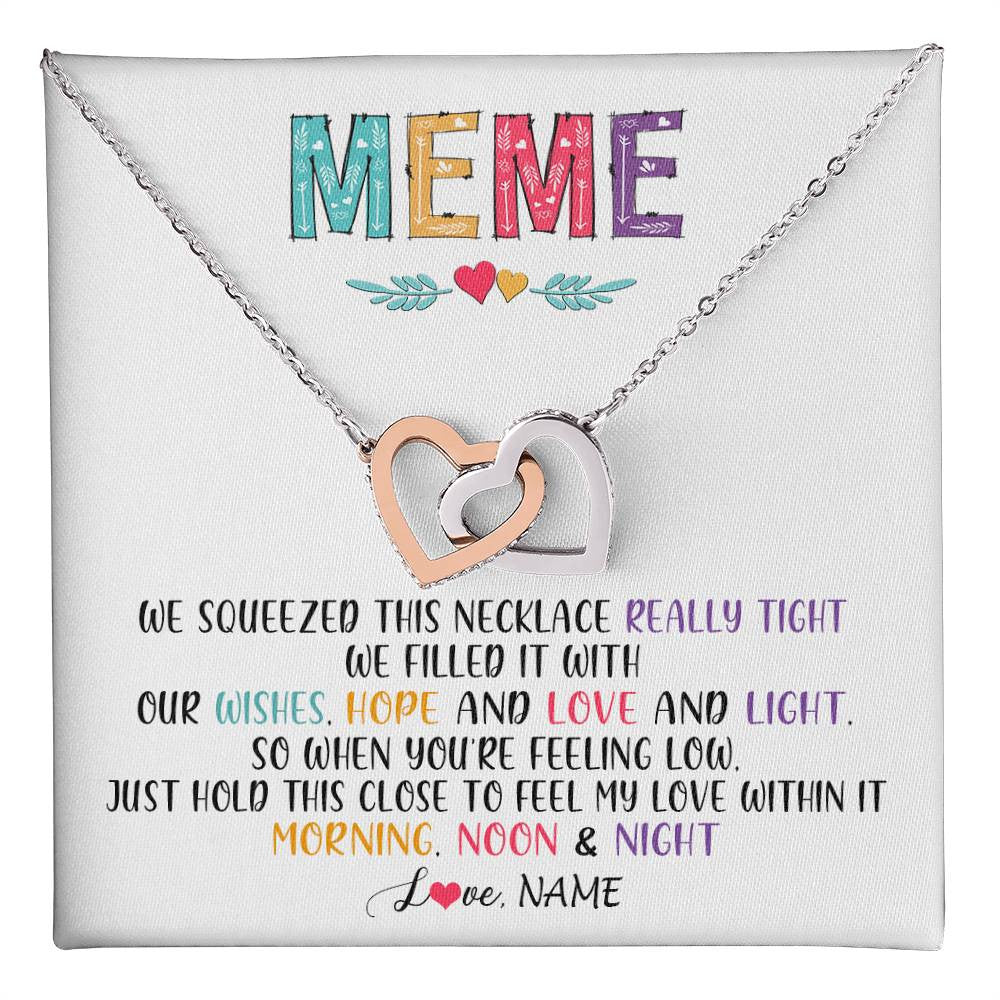 Interlocking Hearts Necklace Stainless Steel & Rose Gold Finish | 1 | Personalized To My Meme Necklace From Grandkids Granddaughter We Squeezed This Necklace Meme Birthday Mothers Day Christmas Customized Gift Box Message Card | siriusteestore