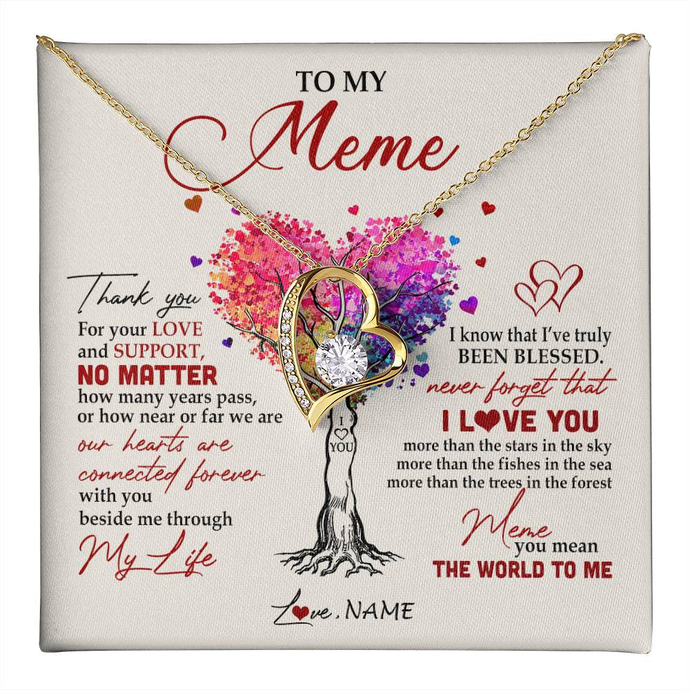 Forever Love Necklace 18K Yellow Gold Finish | 1 | Personalized To My Meme Necklace From Grandkids Never Forget That I Love You You Mean The World Meme Birthday Mothers Day Christmas Customized Gift Box Message Card | siriusteestore
