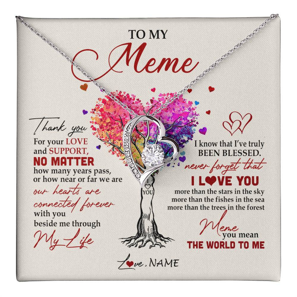 Forever Love Necklace 14K White Gold Finish | 1 | Personalized To My Meme Necklace From Grandkids Never Forget That I Love You You Mean The World Meme Birthday Mothers Day Christmas Customized Gift Box Message Card | siriusteestore