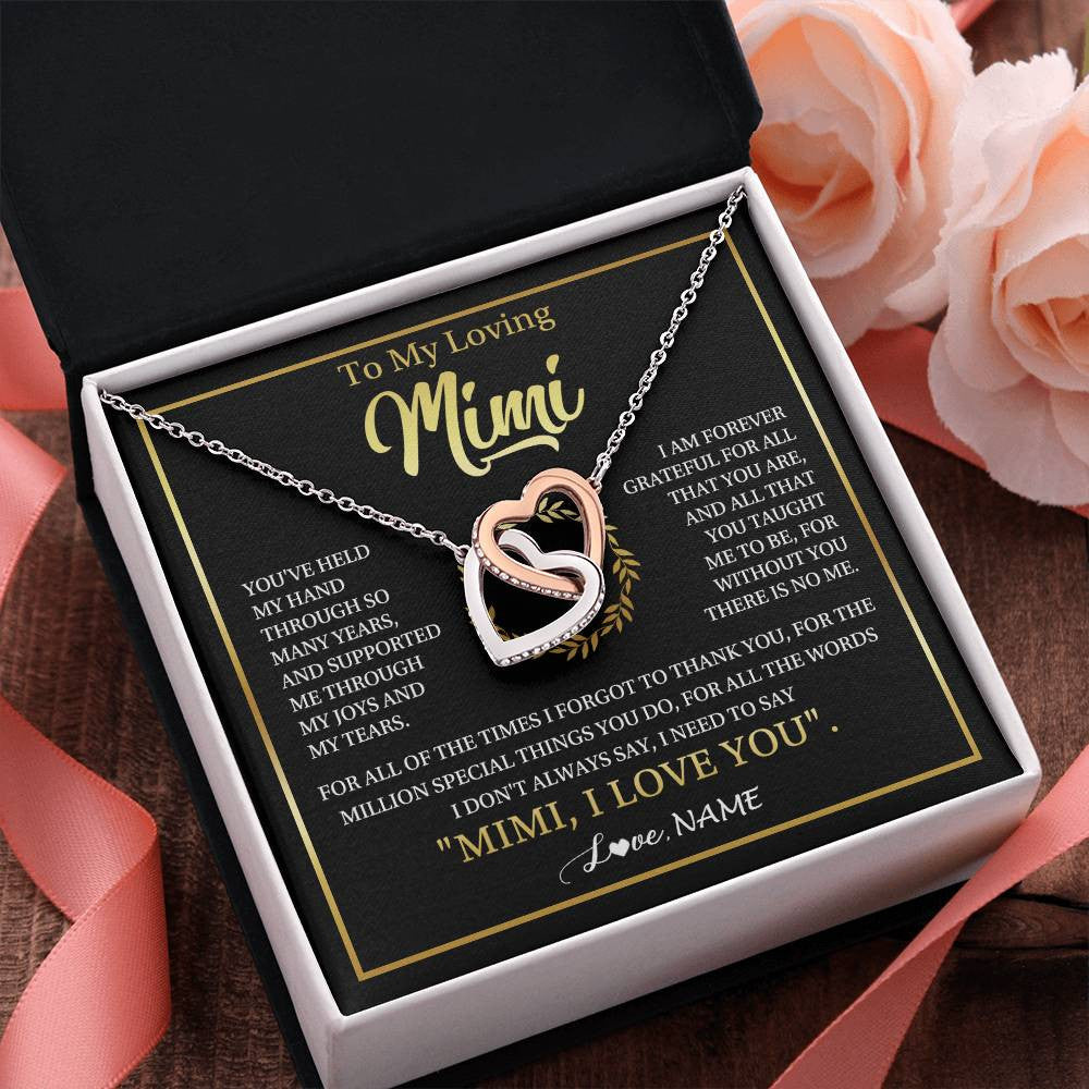 Interlocking Hearts Necklace Stainless Steel & Rose Gold Finish | 2 | Personalized To My Mimi Gifts Necklace From Granddaughter Grandson Grateful Thank You Mimi Birthday Mothers Day Christmas Customized Gift Box Message Card | siriusteestore