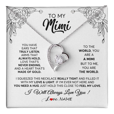 Forever Love Necklace 14K White Gold Finish | 1 | Personalized To My Mimi Necklace From Grandkids Granddaughter Hold This Close Feel My Love Mimi Birthday Mothers Day Christmas Customized Gift Box Message Card | siriusteestore