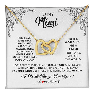 Interlocking Hearts Necklace 18K Yellow Gold Finish | 1 | Personalized To My Mimi Necklace From Grandkids Granddaughter Hold This Close Feel My Love Mimi Birthday Mothers Day Christmas Customized Gift Box Message Card | siriusteestore