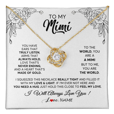 Love Knot Necklace 18K Yellow Gold Finish | 1 | Personalized To My Mimi Necklace From Grandkids Granddaughter Hold This Close Feel My Love Mimi Birthday Mothers Day Christmas Customized Gift Box Message Card | siriusteestore