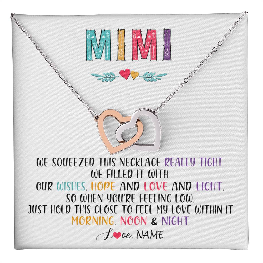 Interlocking Hearts Necklace Stainless Steel & Rose Gold Finish | 1 | Personalized To My Mimi Necklace From Grandkids Granddaughter We Squeezed This Necklace Mimi Birthday Mothers Day Christmas Customized Gift Box Message Card | siriusteestore