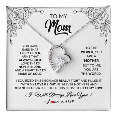 Forever Love Necklace 14K White Gold Finish | 1 | Personalized To My Mom Necklace From Daughter Son Hold This Close Feel My Love Mom Birthday Mothers Day Christmas Jewelry Customized Gift Box Message Card | siriusteestore