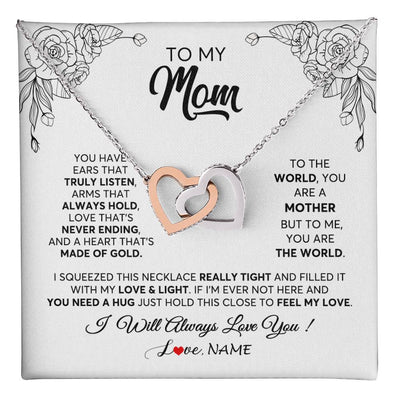 Interlocking Hearts Necklace Stainless Steel & Rose Gold Finish | 1 | Personalized To My Mom Necklace From Daughter Son Hold This Close Feel My Love Mom Birthday Mothers Day Christmas Jewelry Customized Gift Box Message Card | siriusteestore