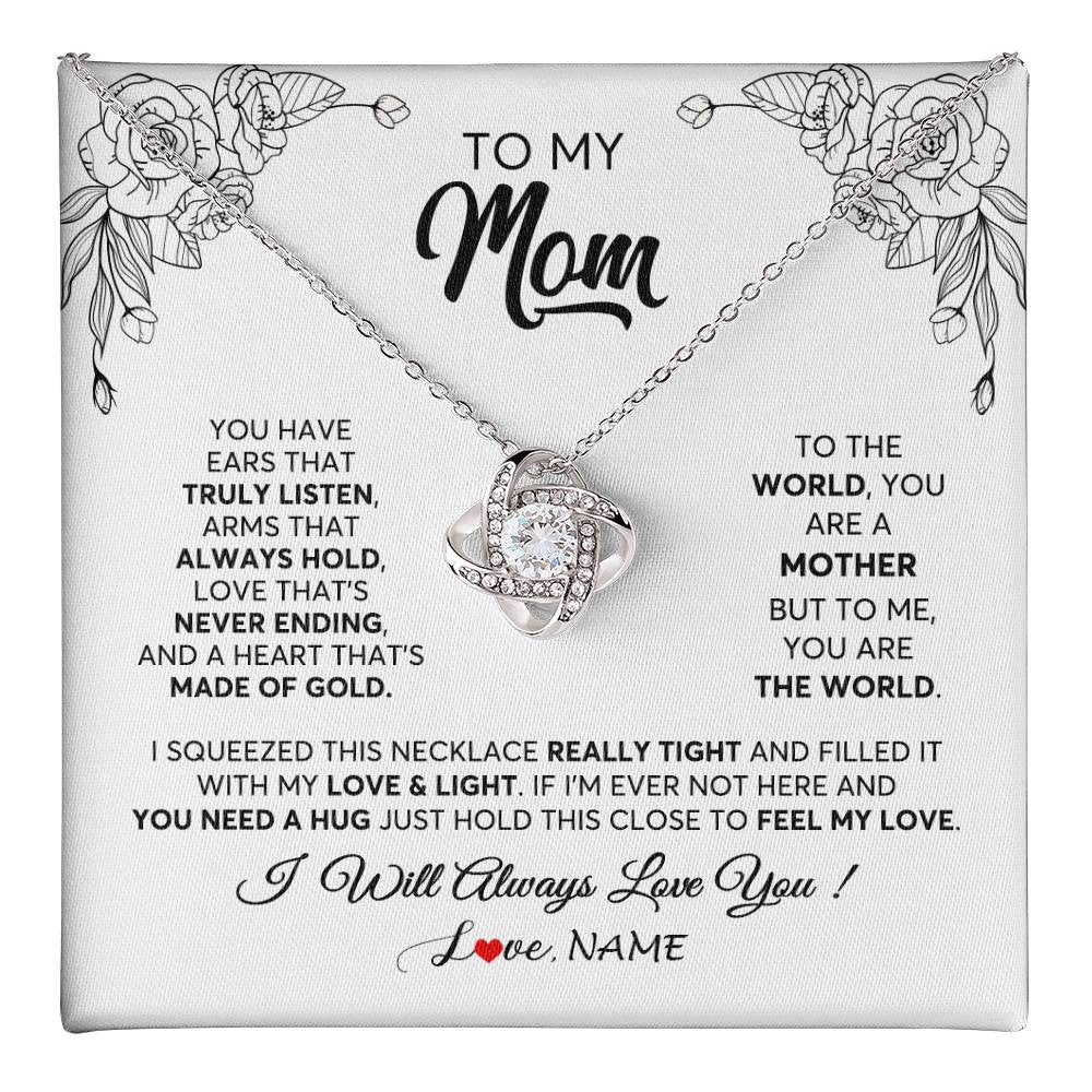 Love Knot Necklace 14K White Gold Finish | 1 | Personalized To My Mom Necklace From Daughter Son Hold This Close Feel My Love Mom Birthday Mothers Day Christmas Jewelry Customized Gift Box Message Card | siriusteestore
