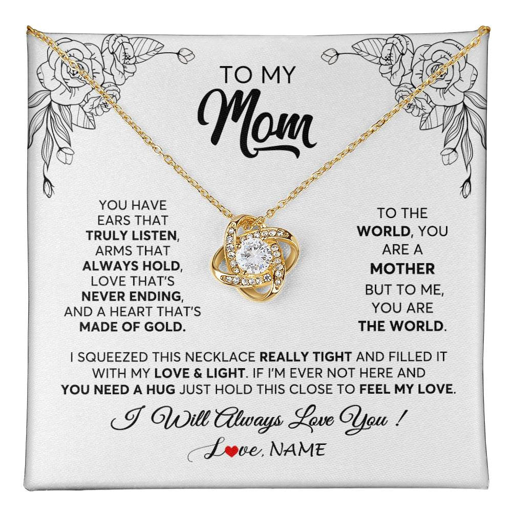 Love Knot Necklace 18K Yellow Gold Finish | 1 | Personalized To My Mom Necklace From Daughter Son Hold This Close Feel My Love Mom Birthday Mothers Day Christmas Jewelry Customized Gift Box Message Card | siriusteestore