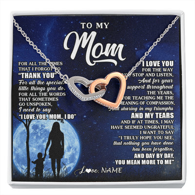Interlocking Hearts Necklace Stainless Steel & Rose Gold Finish | 1 | Personalized To My Mom Necklace From Daughter Son Thank You Grateful Love Mom Birthday Mothers Day Thanksgiving Christmas Customized Gift Box Message Card | siriusteestore
