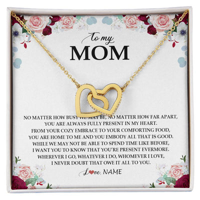Interlocking Hearts Necklace 18K Yellow Gold Finish | Personalized To My Mom Necklace From Daughter Son You Are Always Fully Present In My Heart Mother Birthday Mothers Day Jewelry Customized Gift Box Message Card | siriusteestore
