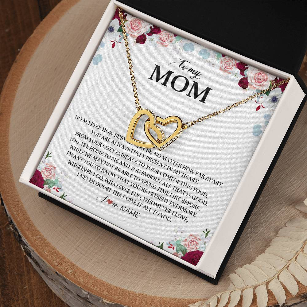 Interlocking Hearts Necklace 18K Yellow Gold Finish | Personalized To My Mom Necklace From Daughter Son You Are Always Fully Present In My Heart Mother Birthday Mothers Day Jewelry Customized Gift Box Message Card | siriusteestore