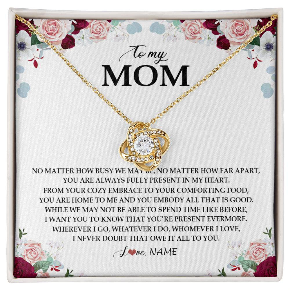 Love Knot Necklace 18K Yellow Gold Finish | Personalized To My Mom Necklace From Daughter Son You Are Always Fully Present In My Heart Mother Birthday Mothers Day Jewelry Customized Gift Box Message Card | siriusteestore