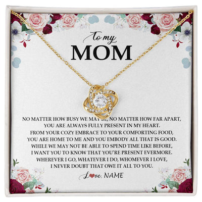 Love Knot Necklace 18K Yellow Gold Finish | Personalized To My Mom Necklace From Daughter Son You Are Always Fully Present In My Heart Mother Birthday Mothers Day Jewelry Customized Gift Box Message Card | siriusteestore
