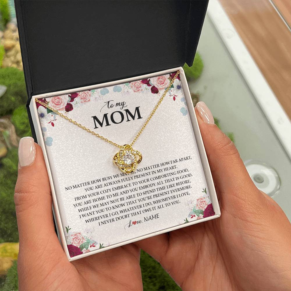 Love Knot Necklace 18K Yellow Gold Finish | Personalized To My Mom Necklace From Daughter Son You Are Always Fully Present In My Heart Mother Birthday Mothers Day Jewelry Customized Gift Box Message Card | siriusteestore