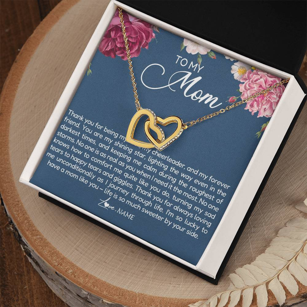 Interlocking Hearts Necklace 18K Yellow Gold Finish | Personalized To My Mom Necklace From Daughter Thank You For Being My Rock Mom Birthday Mothers Day Christmas Pendant Jewelry Customized Gift Box Message Card | siriusteestore