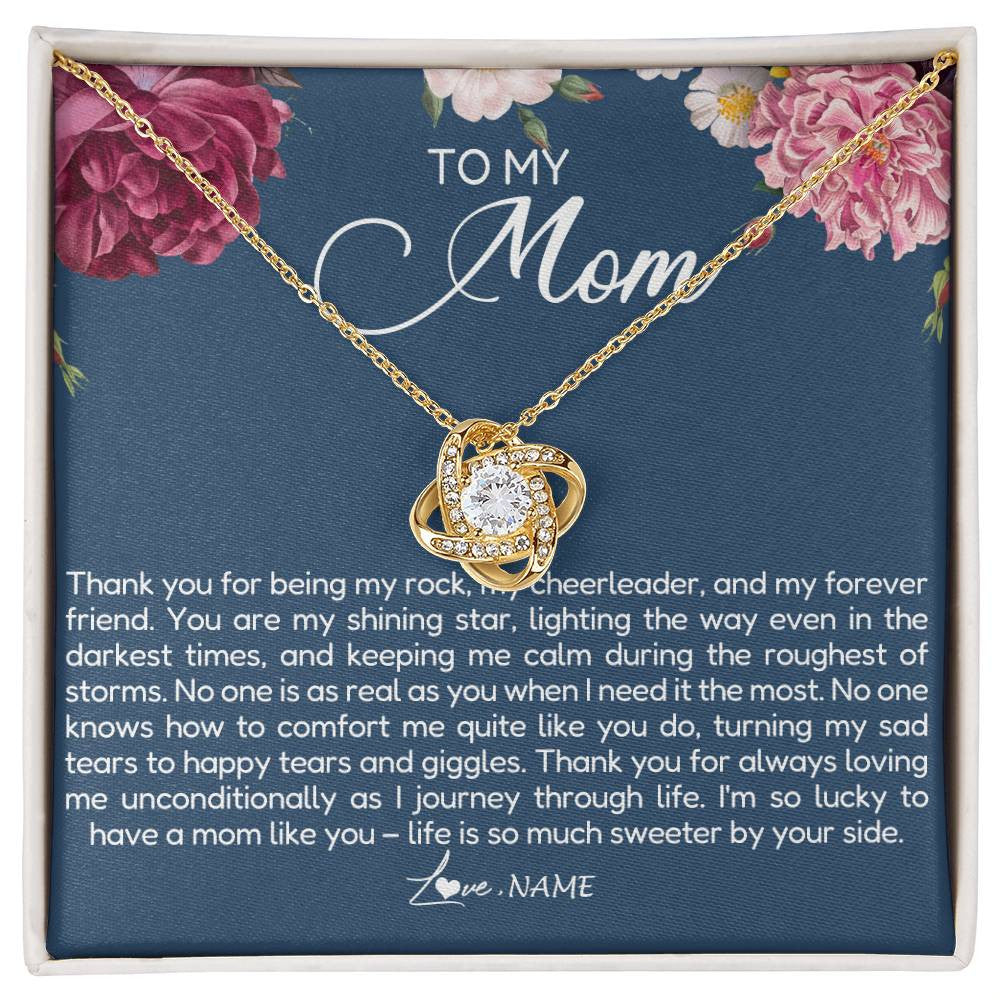 Love Knot Necklace 18K Yellow Gold Finish | Personalized To My Mom Necklace From Daughter Thank You For Being My Rock Mom Birthday Mothers Day Christmas Pendant Jewelry Customized Gift Box Message Card | siriusteestore