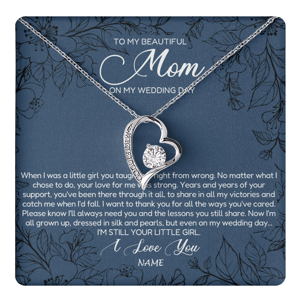 Forever Love Necklace 14K White Gold Finish | 1 | Personalized To My Mom Necklace From Daughter Wedding Day Your Little Daughter Mother of the Bride Mom of Bride Pendant Jewelry Gift Box Message Card | siriusteestore