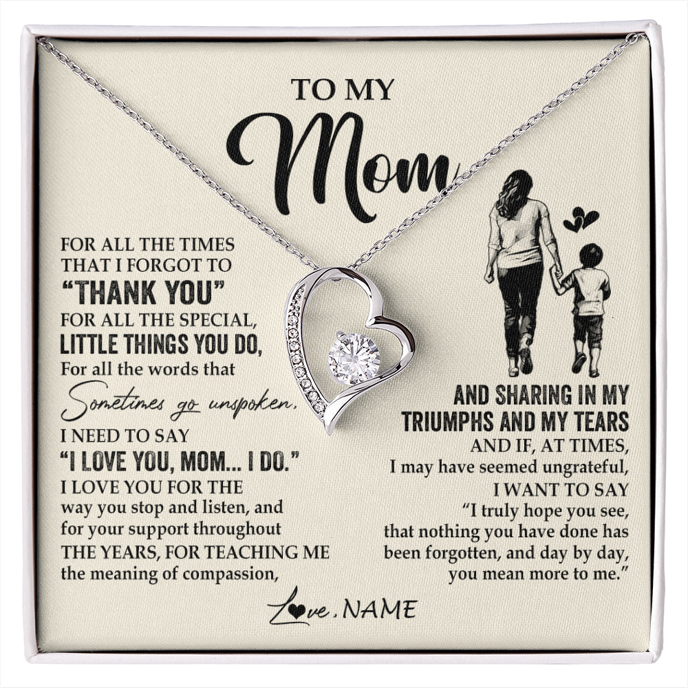Forever Love Necklace 14K White Gold Finish | 1 | Personalized To My Mom Necklace From Son For All The Times That I Forgot To Thank You Mom Birthday Mothers Day Christmas Customized Gift Box Message Card | siriusteestore