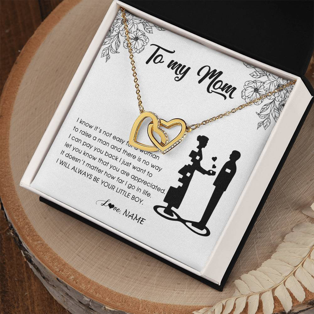 Interlocking Hearts Necklace 18K Yellow Gold Finish | Personalized To My Mom Necklace From Son I Know It's Not Easy For A Woman To Raise A Man Mother Birthday Mothers Day Jewelry Customized Gift Box Message Card | siriusteestore