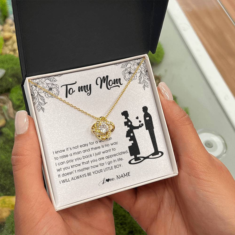 Love Knot Necklace 18K Yellow Gold Finish | Personalized To My Mom Necklace From Son I Know It's Not Easy For A Woman To Raise A Man Mother Birthday Mothers Day Jewelry Customized Gift Box Message Card | siriusteestore