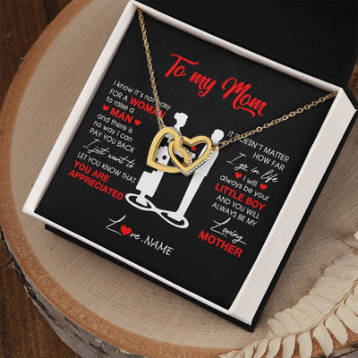 Interlocking Hearts Necklace 18K Yellow Gold Finish | Personalized To My Mom Necklace From Son Little Boy Always Be My Loving Mother Birthday Mothers Day Christmas Pendant Jewelry Customized Gift Box Message Card | siriusteestore