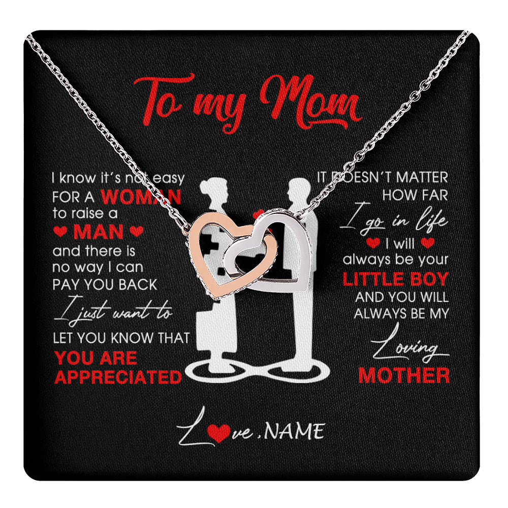 Interlocking Hearts Necklace Stainless Steel & Rose Gold Finish | 1 | Personalized To My Mom Necklace From Son Little Son Always Be My Loving Mother Birthday Mothers Day Christmas Pendant Jewelry Customized Gift Box Message Card | siriusteestore