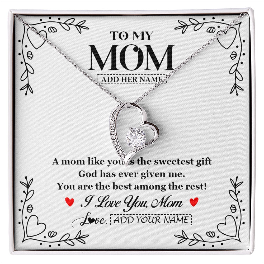 Forever Love Necklace 14K White Gold Finish | 1 | Personalized To My Mom Necklace Gifts From Daughter Son You Are The Sweetest Gift God Gave Me Mom Birthday Mothers Day Christmas Custom Gift Box Message Card | https://siriusteestore.