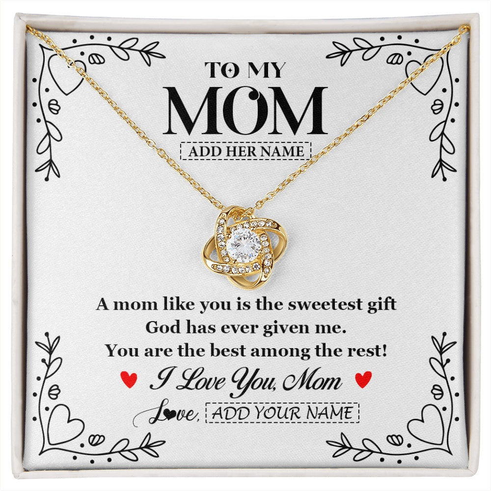Love Knot Necklace 18K Yellow Gold Finish | 1 | Personalized To My Mom Necklace Gifts From Daughter Son You Are The Sweetest Gift God Gave Me Mom Birthday Mothers Day Christmas Custom Gift Box Message Card | https://siriusteestore.