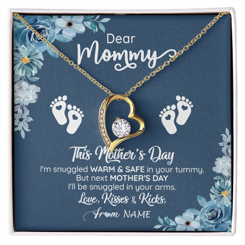 Forever Love Necklace 18K Yellow Gold Finish | 1 | Personalized To My Mommy From Your Tummy Necklace Unborn Baby Bump Expecting Mom Pregnant Wife New Mom Mothers Day Customized Gift Box Message Card | siriusteestore