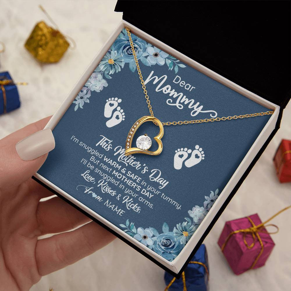 Forever Love Necklace 18K Yellow Gold Finish | 2 | Personalized To My Mommy From Your Tummy Necklace Unborn Baby Bump Expecting Mom Pregnant Wife New Mom Mothers Day Customized Gift Box Message Card | siriusteestore