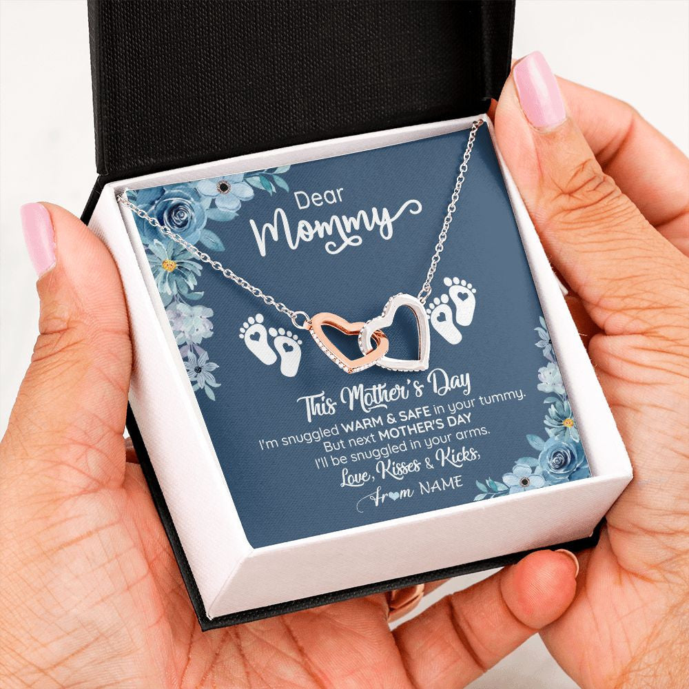 Interlocking Hearts Necklace | Personalized To My Mommy From Your Tummy Necklace Unborn Baby Bump Expecting Mom Pregnant Wife New Mom Mothers Day Customized Gift Box Message Card | siriusteestore