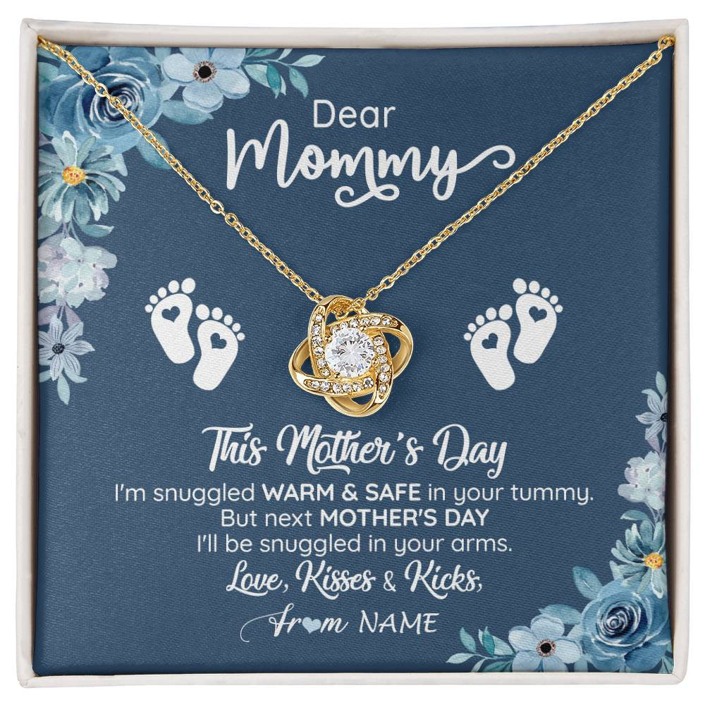 Love Knot Necklace 18K Yellow Gold Finish | 1 | Personalized To My Mommy From Your Tummy Necklace Unborn Baby Bump Expecting Mom Pregnant Wife New Mom Mothers Day Customized Gift Box Message Card | siriusteestore