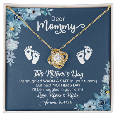 Love Knot Necklace 18K Yellow Gold Finish | 1 | Personalized To My Mommy From Your Tummy Necklace Unborn Baby Bump Expecting Mom Pregnant Wife New Mom Mothers Day Customized Gift Box Message Card | siriusteestore
