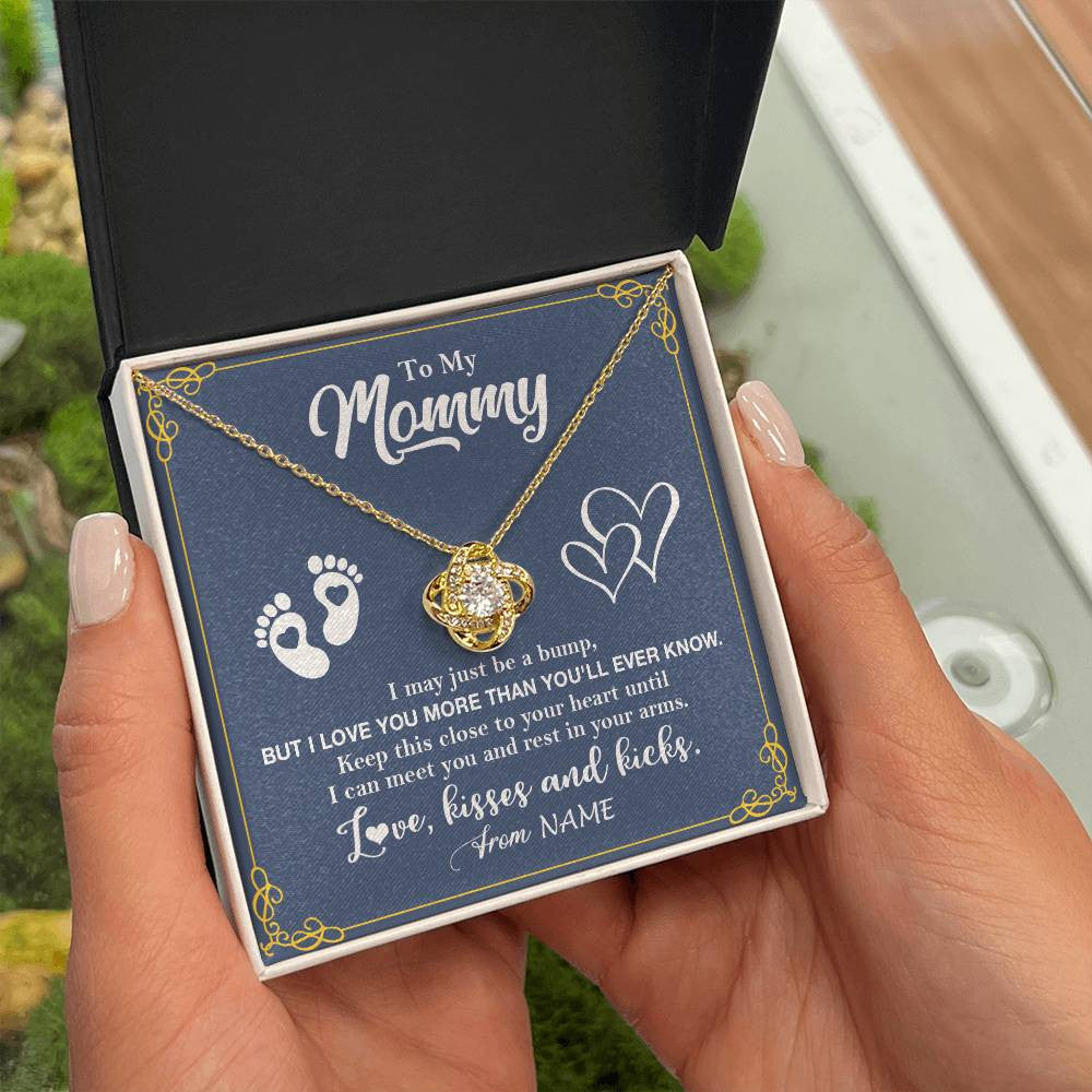 Love Knot Necklace 18K Yellow Gold Finish | 2 | Personalized To My Mommy From Your Tummy Necklace Unborn Baby Bump New Mom Mommy To Be Pregnant Wife First Time Mothers Day Customized Gift Box Message Card | siriusteestore