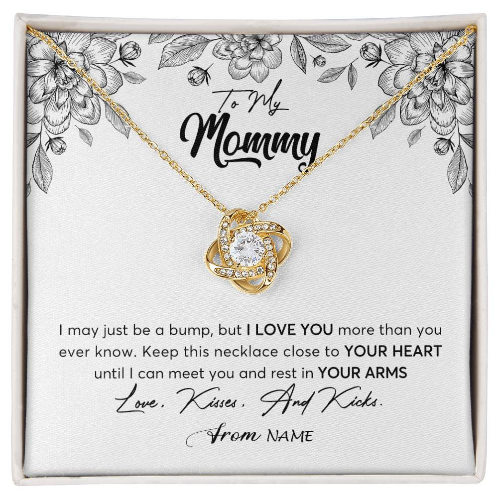 Love Knot Necklace 18K Yellow Gold Finish | Personalized To My Mommy Necklace Baby Bump Expecting Mom First Time Mom Pregnancy Pregnant New Mom Mother To Be Mothers Day Customized Gift Box Message Card | siriusteestore