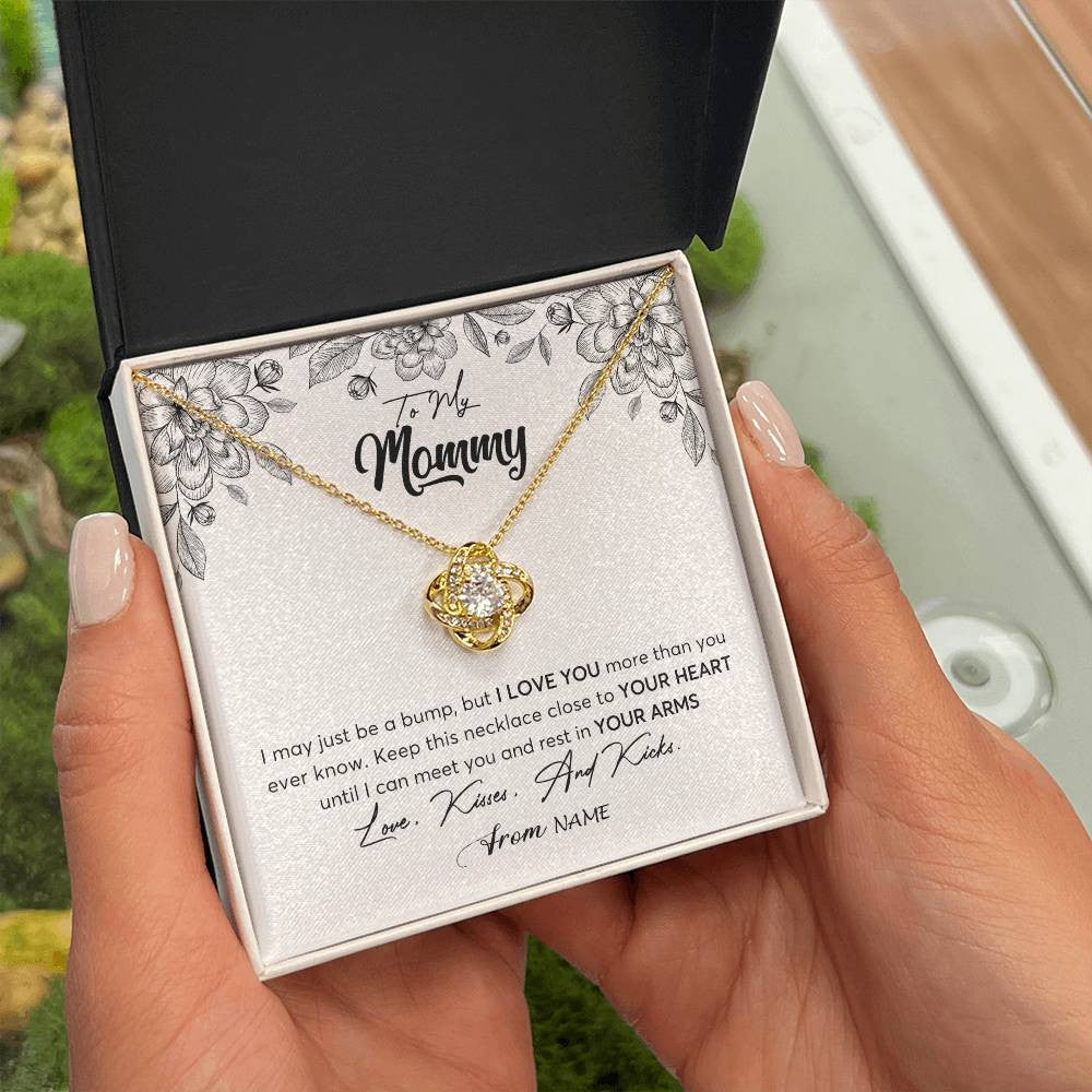 Love Knot Necklace 18K Yellow Gold Finish | Personalized To My Mommy Necklace Baby Bump Expecting Mom First Time Mom Pregnancy Pregnant New Mom Mother To Be Mothers Day Customized Gift Box Message Card | siriusteestore