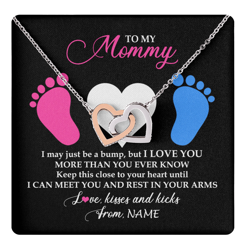 Interlocking Hearts Necklace Stainless Steel & Rose Gold Finish | 1 | Personalized To My Mommy Necklace Heart Feet Baby First Time for Pregnant Mom Happy 1st Mothers Day Customized Gift Box and Message Card | siriusteestore
