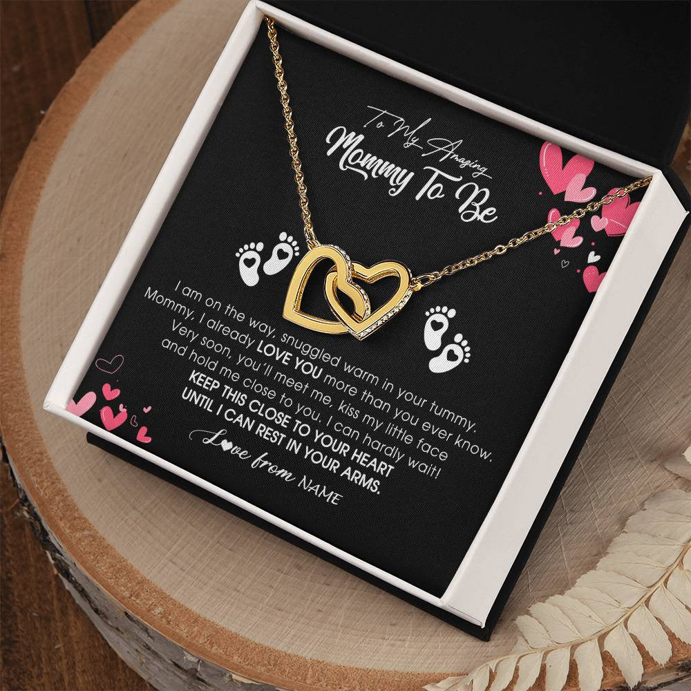 Interlocking Hearts Necklace 18K Yellow Gold Finish | Personalized To My Mommy To Be Necklace Never ending From Baby Bump For First Time Mom Pregnant Happy 1st Mothers Day Jewelry Customized Gift Box Message Card | siriusteestore