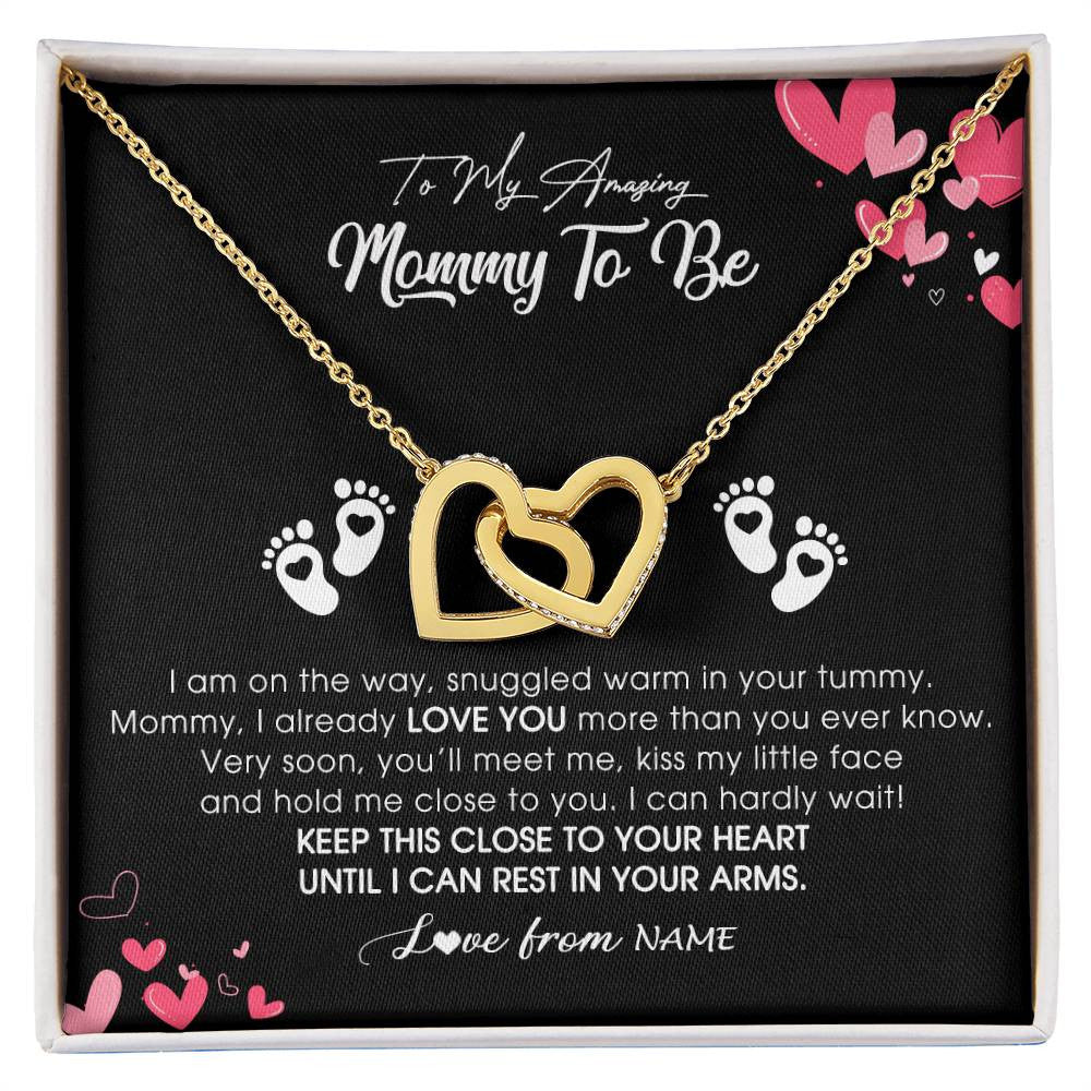 Interlocking Hearts Necklace 18K Yellow Gold Finish | Personalized To My Mommy To Be Necklace Never ending From Baby Bump For First Time Mom Pregnant Happy 1st Mothers Day Jewelry Customized Gift Box Message Card | siriusteestore