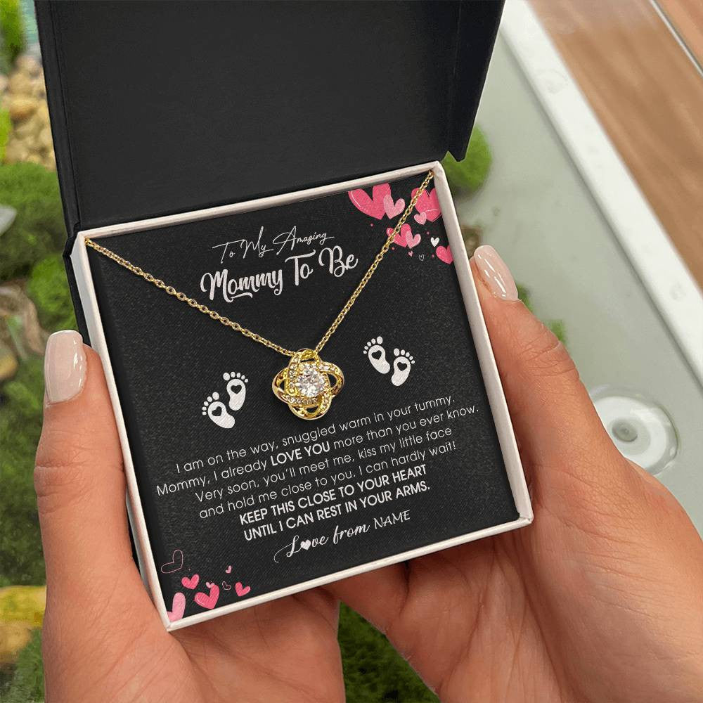 Love Knot Necklace 18K Yellow Gold Finish | Personalized To My Mommy To Be Necklace Never ending From Baby Bump For First Time Mom Pregnant Happy 1st Mothers Day Jewelry Customized Gift Box Message Card | siriusteestore