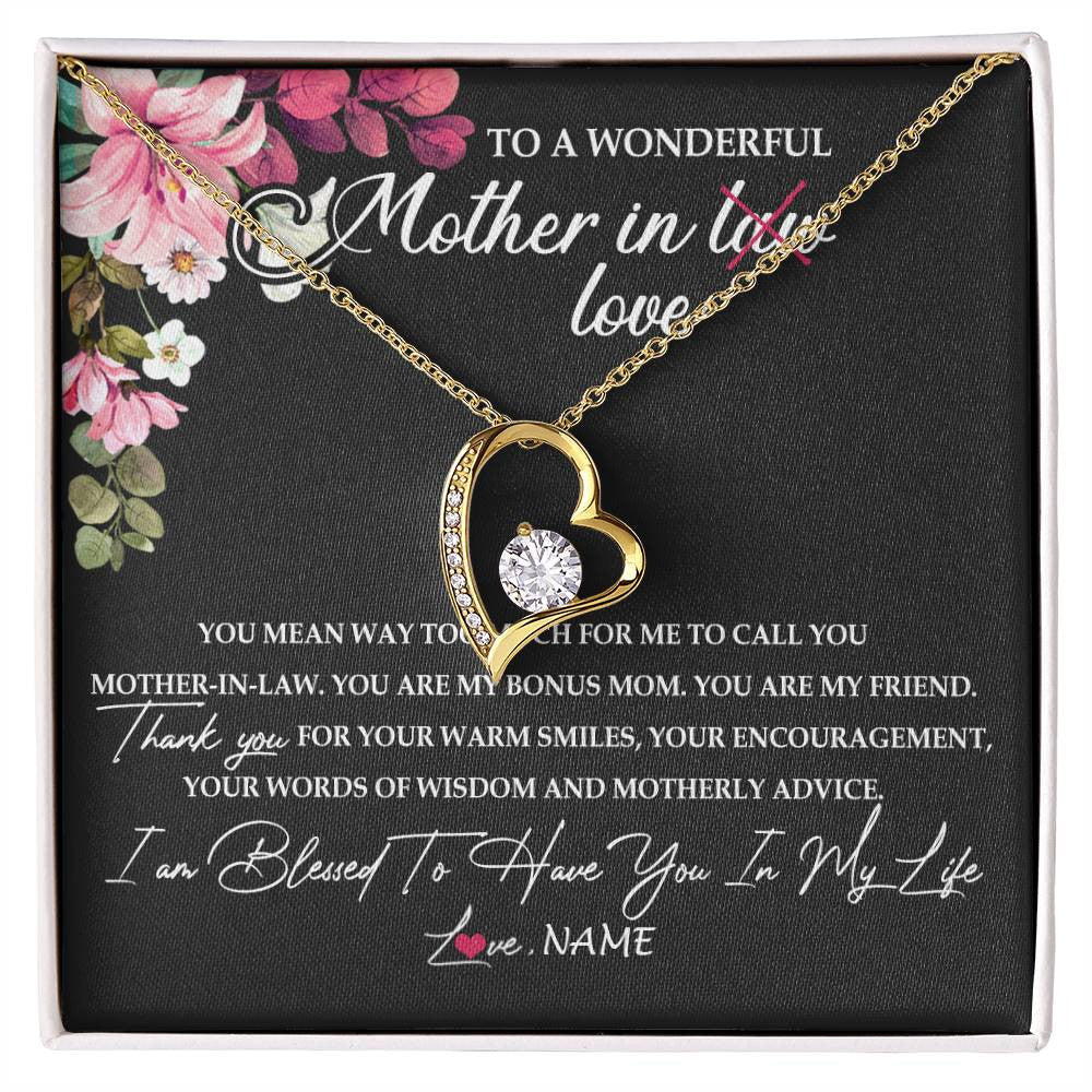 Forever Love Necklace 18K Yellow Gold Finish | Personalized To My Mother In Law Necklace From Daughter In Law You Are My Bonus Mom Jewelry Birthday Mothers Day Christmas Customized Gift Box Message Card | siriusteestore