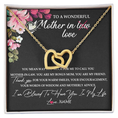 Interlocking Hearts Necklace 18K Yellow Gold Finish | Personalized To My Mother In Law Necklace From Daughter In Law You Are My Bonus Mom Jewelry Birthday Mothers Day Christmas Customized Gift Box Message Card | siriusteestore