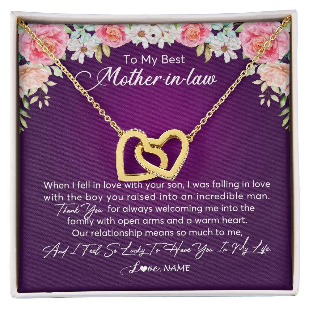 Interlocking Hearts Necklace 18K Yellow Gold Finish | Personalized To My Mother In Law Necklace Thank You Mother In Law Wedding Day Birthday Monthers Day Christmas Jewelry Pendant Customized Gift Box Message Card | siriusteestore