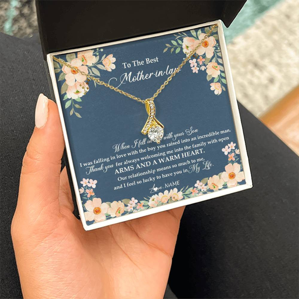 Alluring Beauty Necklace 18K Yellow Gold Finish | Personalized To My Mother In Law Necklace from Daugter In Law Feel In Love Son Mother Of My Husband Jewelry Birthday Wedding Pendant Customized Message Card | siriusteestore