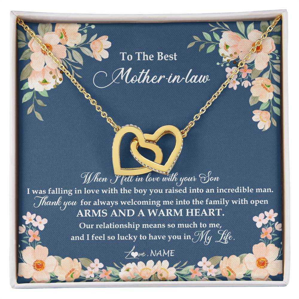 Interlocking Hearts Necklace 18K Yellow Gold Finish | Personalized To My Mother In Law Necklace from Daugter In Law Feel In Love Son Mother Of My Husband Jewelry Birthday Wedding Pendant Customized Message Card | siriusteestore