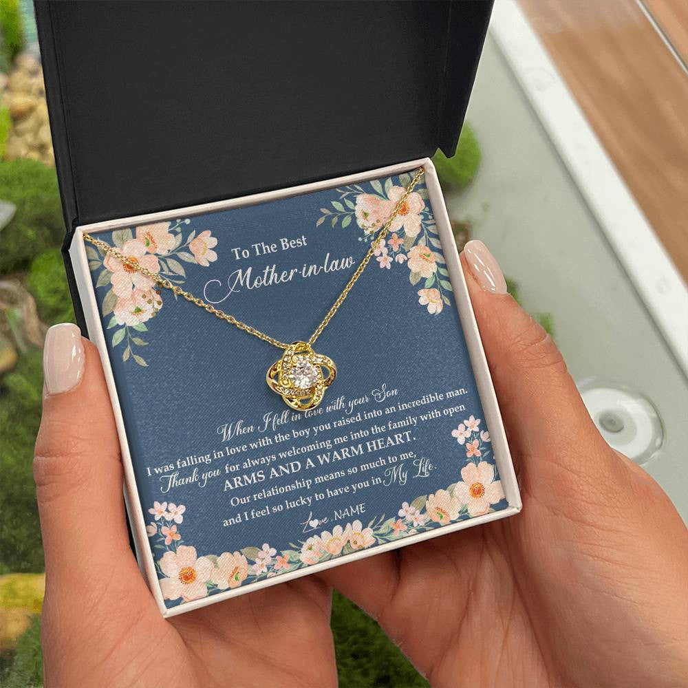 Love Knot Necklace 18K Yellow Gold Finish | Personalized To My Mother In Law Necklace from Daugter In Law Feel In Love Son Mother Of My Husband Jewelry Birthday Wedding Pendant Customized Message Card | siriusteestore