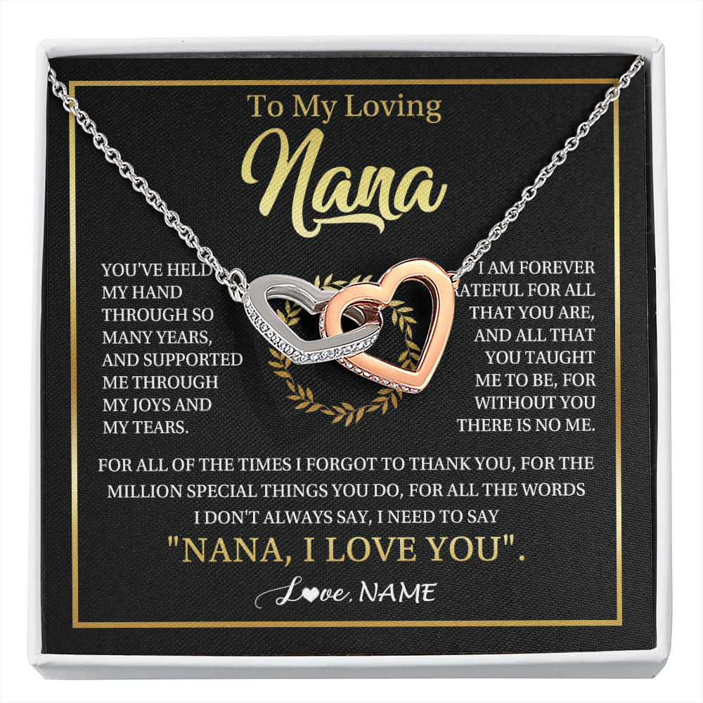Interlocking Hearts Necklace Stainless Steel & Rose Gold Finish | 1 | Personalized To My Nana Gifts Necklace From Granddaughter Grandson Grateful Thank You Nana Birthday Mothers Day Christmas Customized Gift Box Message Card | siriusteestore