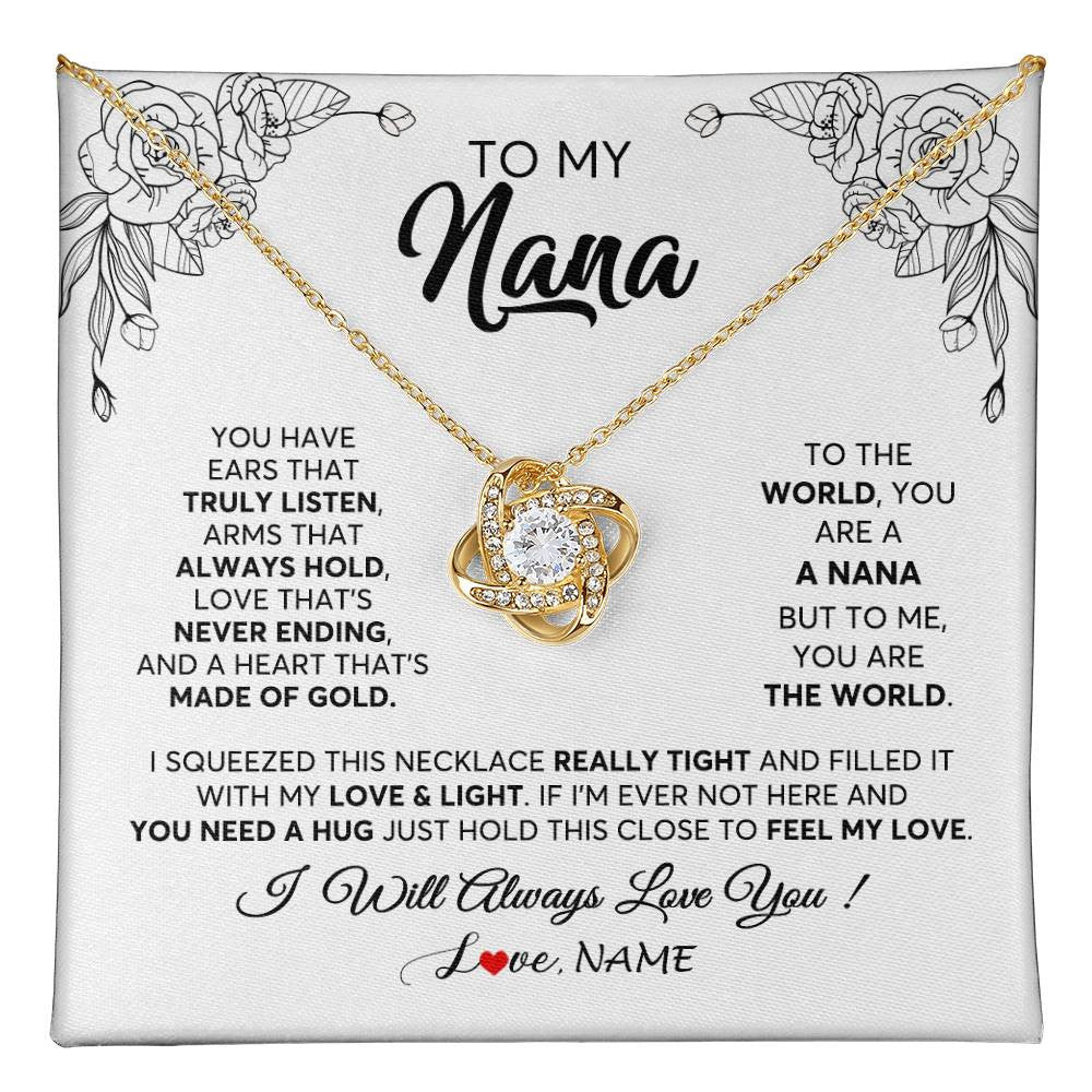 Love Knot Necklace 18K Yellow Gold Finish | 1 | Personalized To My Nana Necklace From Grandkids Granddaughter Hold This Close Feel My Love Nana Birthday Mothers Day Christmas Customized Gift Box Message Card | siriusteestore
