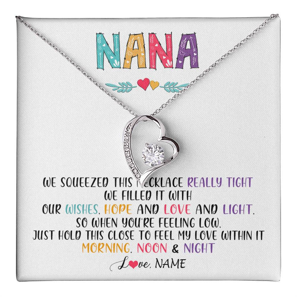 Forever Love Necklace 14K White Gold Finish | 1 | Personalized To My Nana Necklace From Grandkids Granddaughter We Squeezed This Necklace Nana Birthday Mothers Day Christmas Customized Gift Box Message Card | siriusteestore
